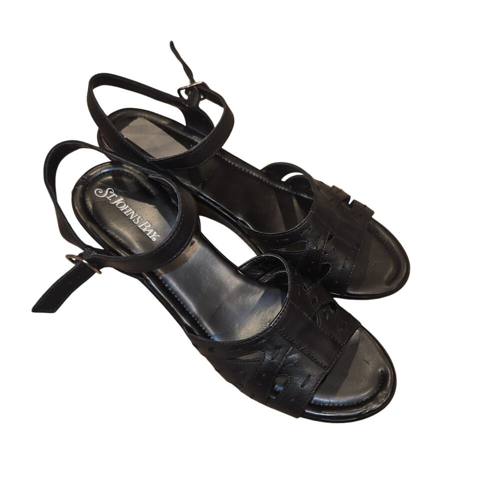 NWOB St‎ Johns Bay Black Leather Heel Sandals Sz 9